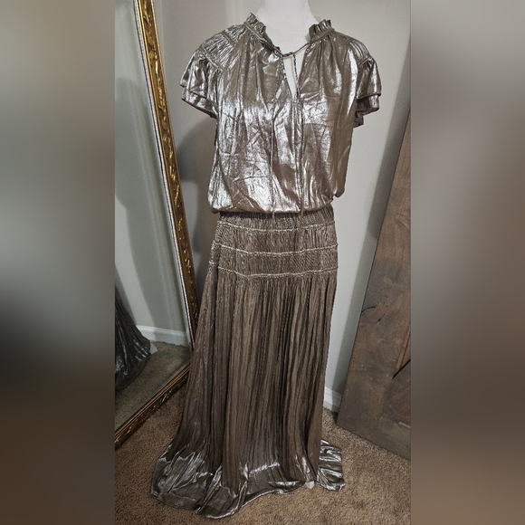 Anthropologie CURRENT AIR Silver Metallic Drop Waist Maxi Dress. Size L NWT - Picture 10 of 10